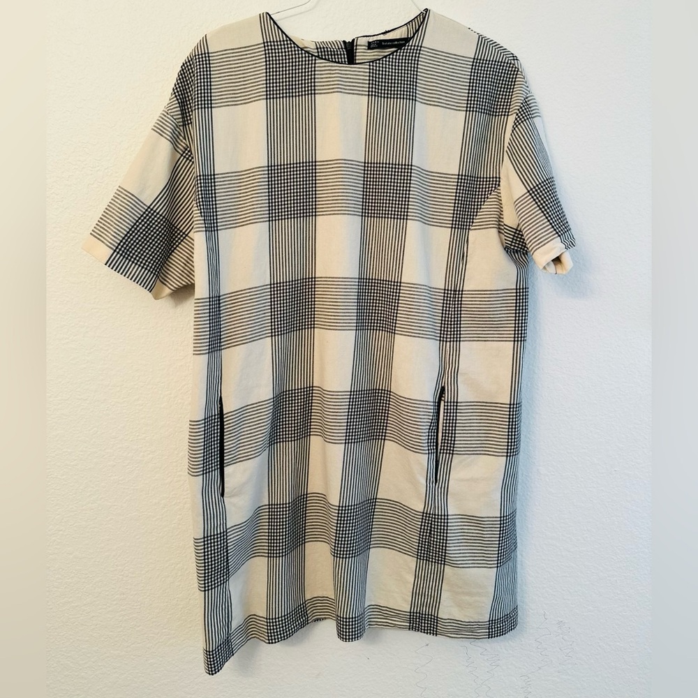 Zara Large Plaid Vintage Women's Shift Dress XL Cream and Black Trafaluc Collect